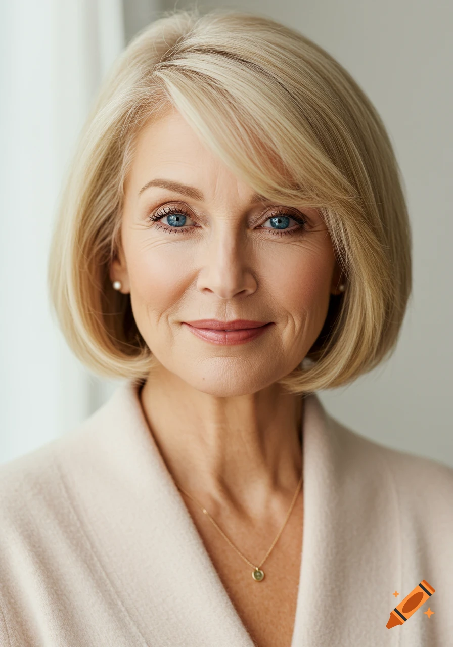 Close-up photorealistic portrait of an older blonde woman with blue eyes wearing a light coat and necklace.