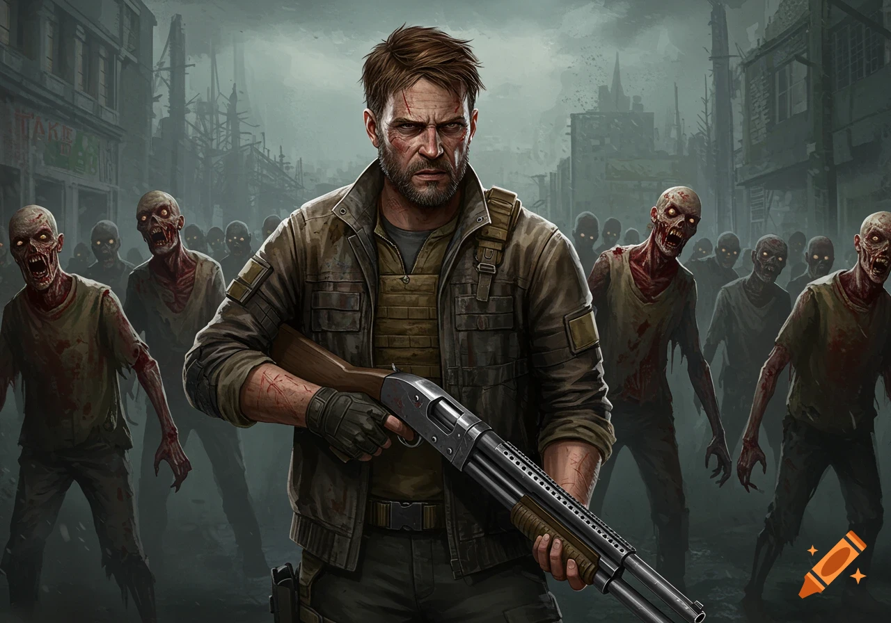 Illustration of a man with a shotgun facing a horde of zombies in a ruined city