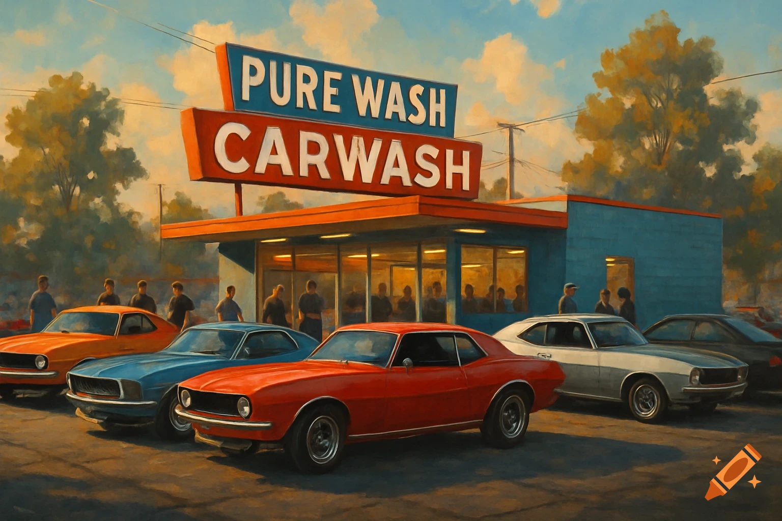 Painterly style image of classic cars at a Pure Wash Carwash building.