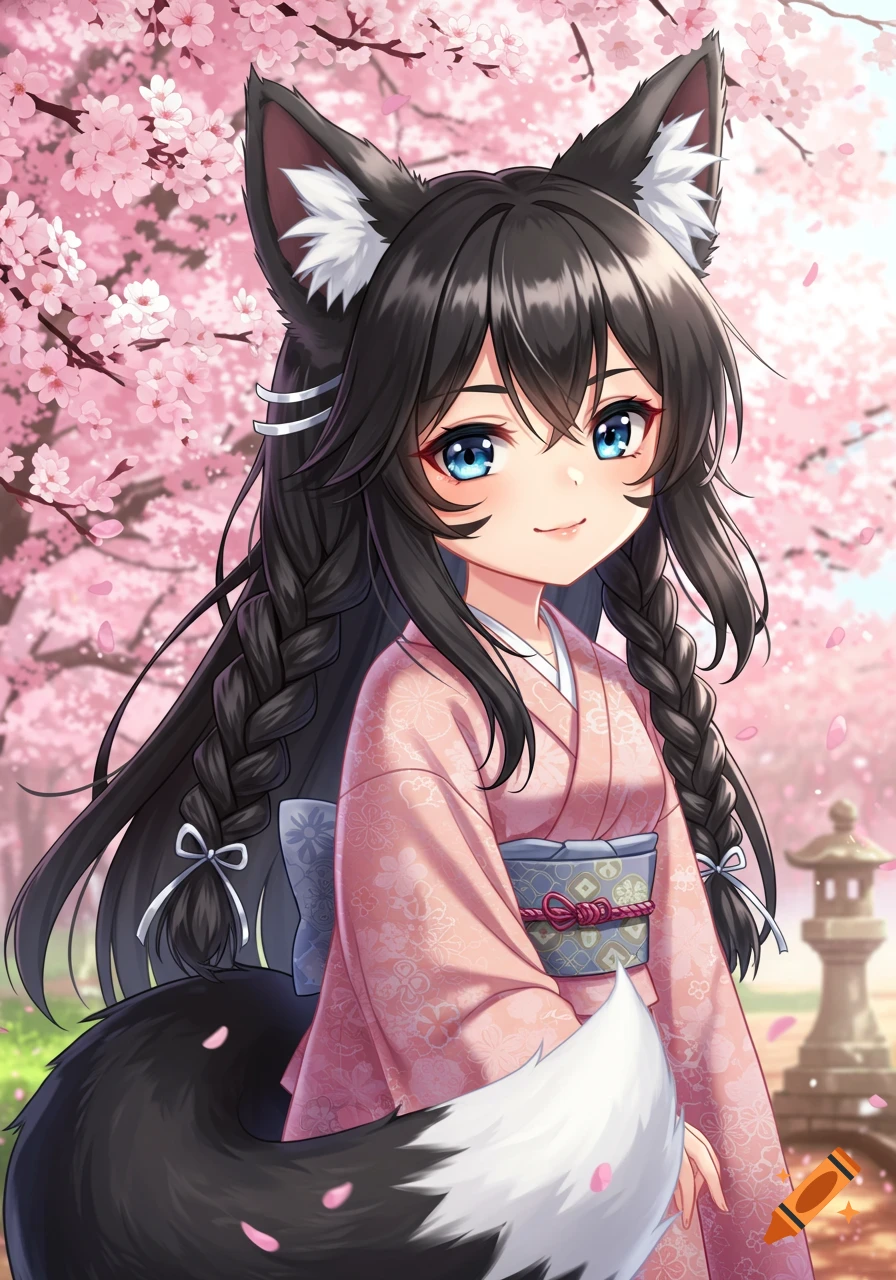 Anime fox girl with black hair and blue eyes in a pink kimono among cherry blossoms.