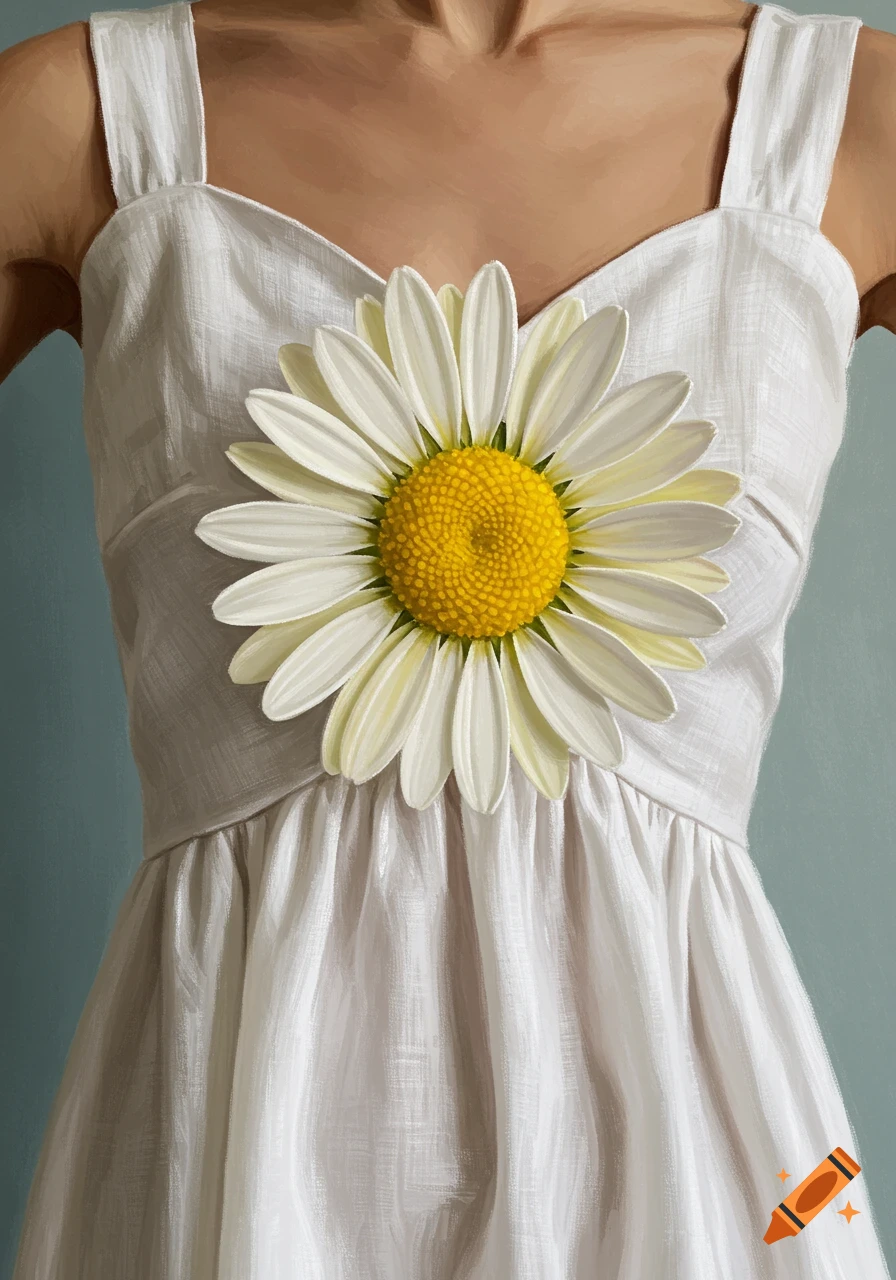 A large daisy on a white linen dress