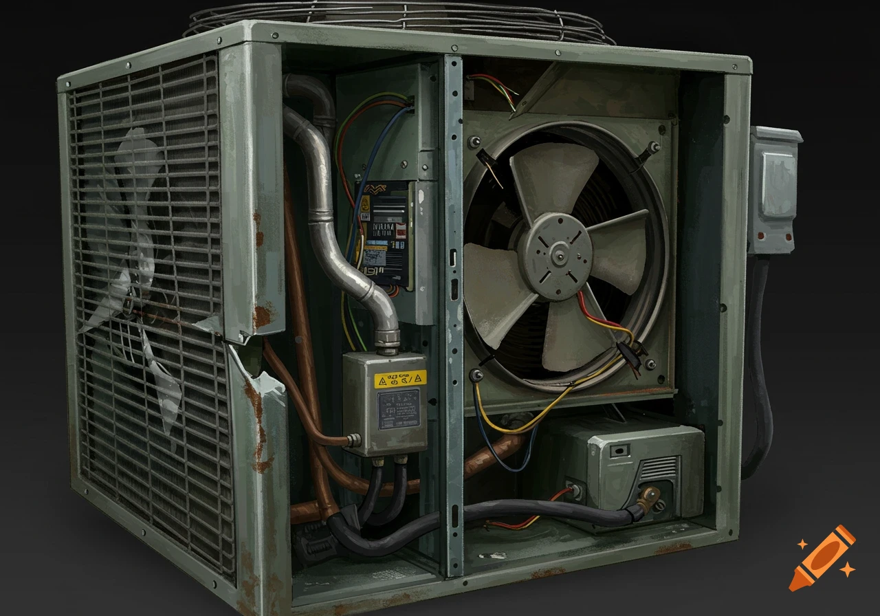 Detailed view of a broken HVAC unit showing internal components and fan