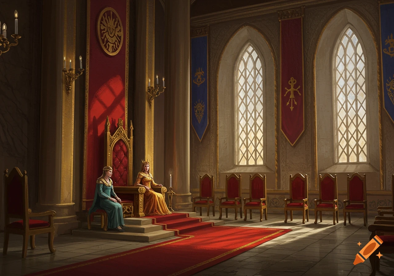 King and queen seated on elaborate thrones in a grand throne room with tall windows and banners.