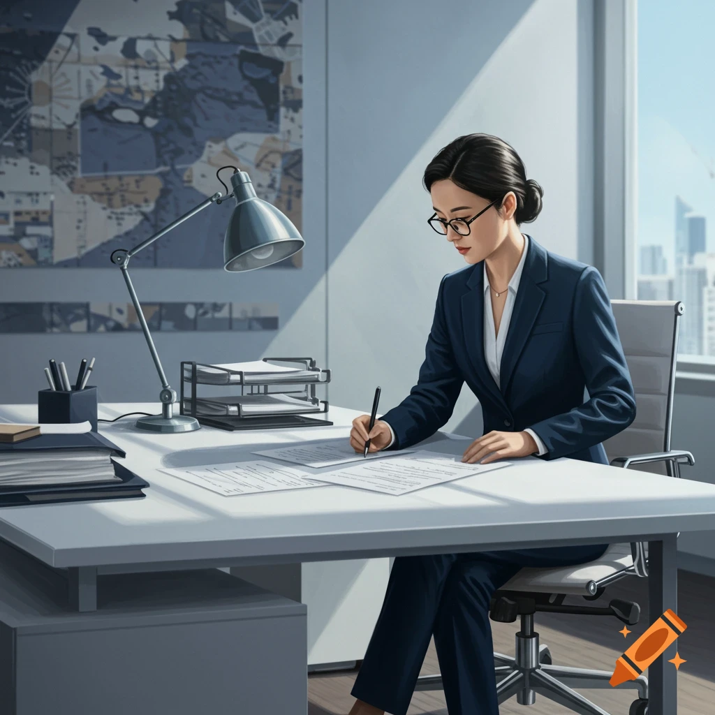 A professional woman in a suit sits at a desk writing on papers in an office, digital illustration style.