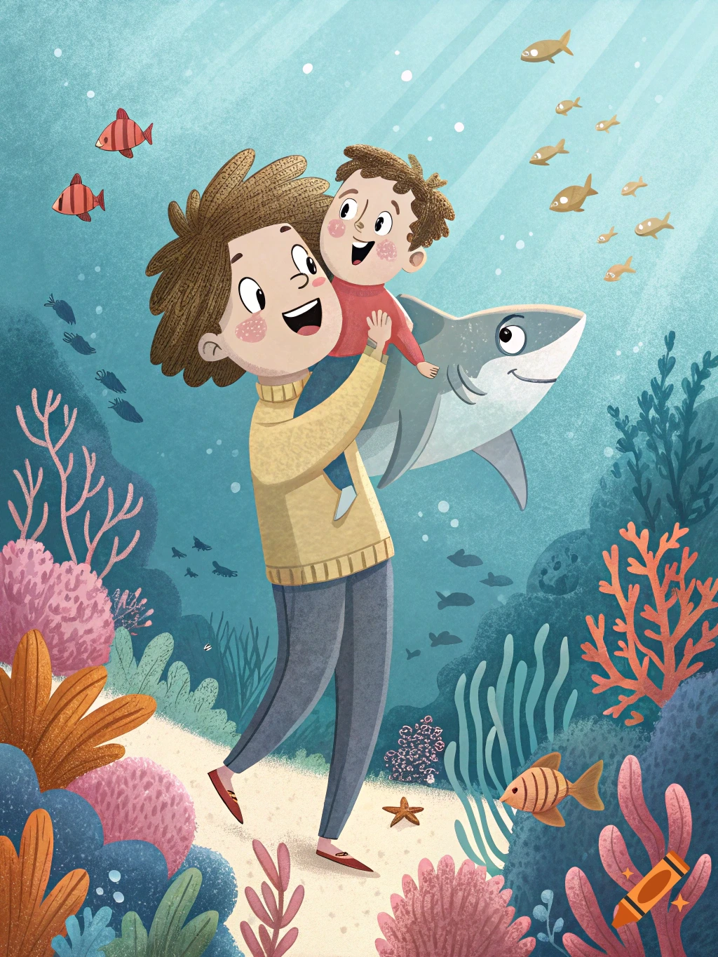 Cartoon illustration of a person holding a child and a shark underwater near coral reefs and fish.