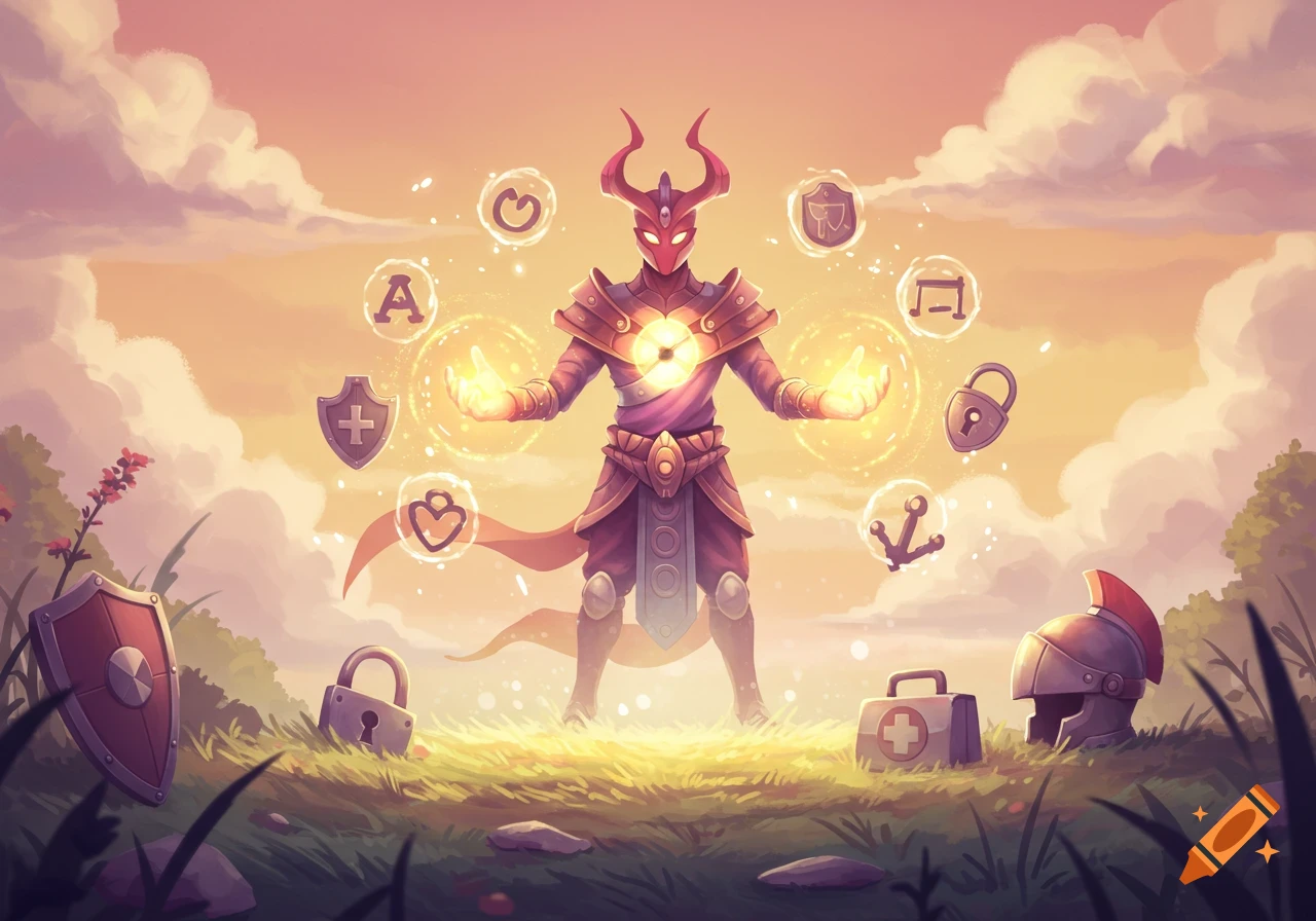 Fantasy figure surrounded by floating symbols representing safety, such as a shield, heart, and lock, in a bright landscape.