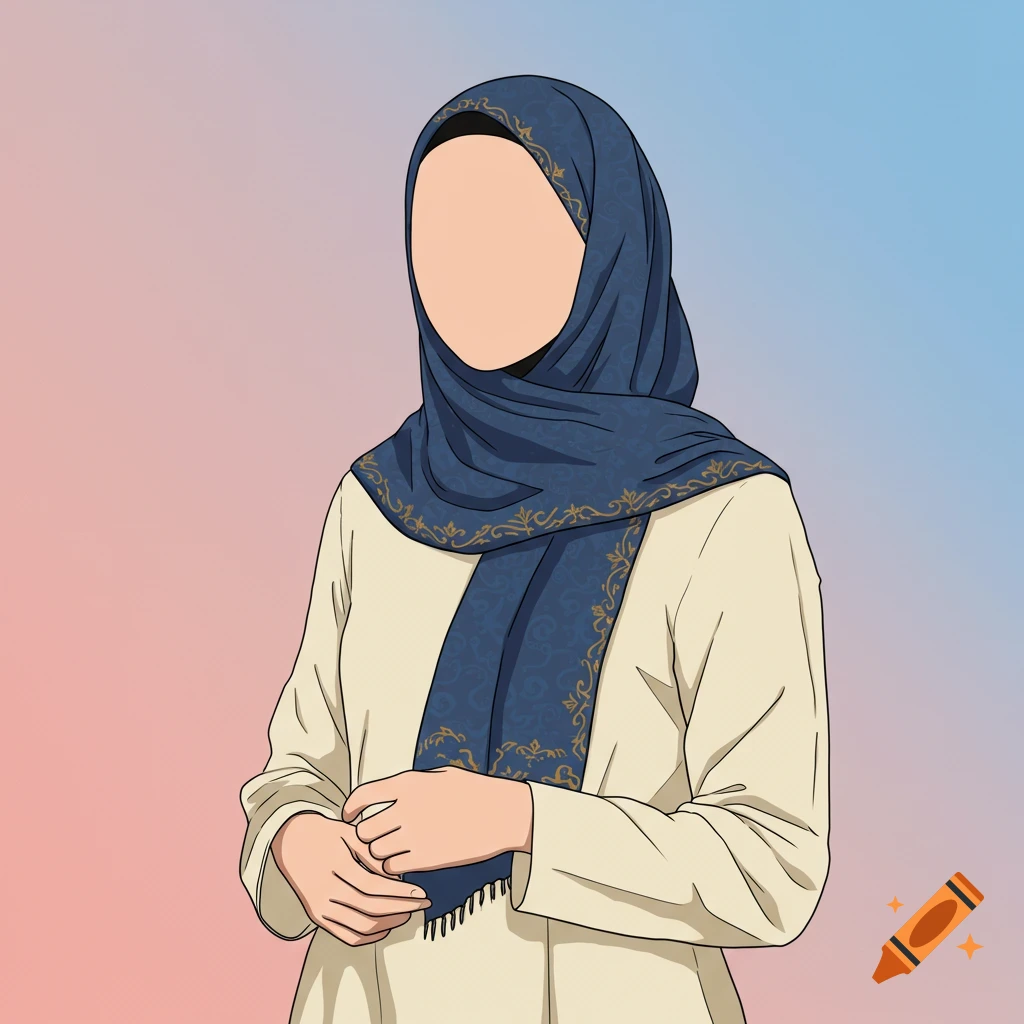 Illustration of a person wearing a blue hijab with gold patterns and a light-colored shirt.