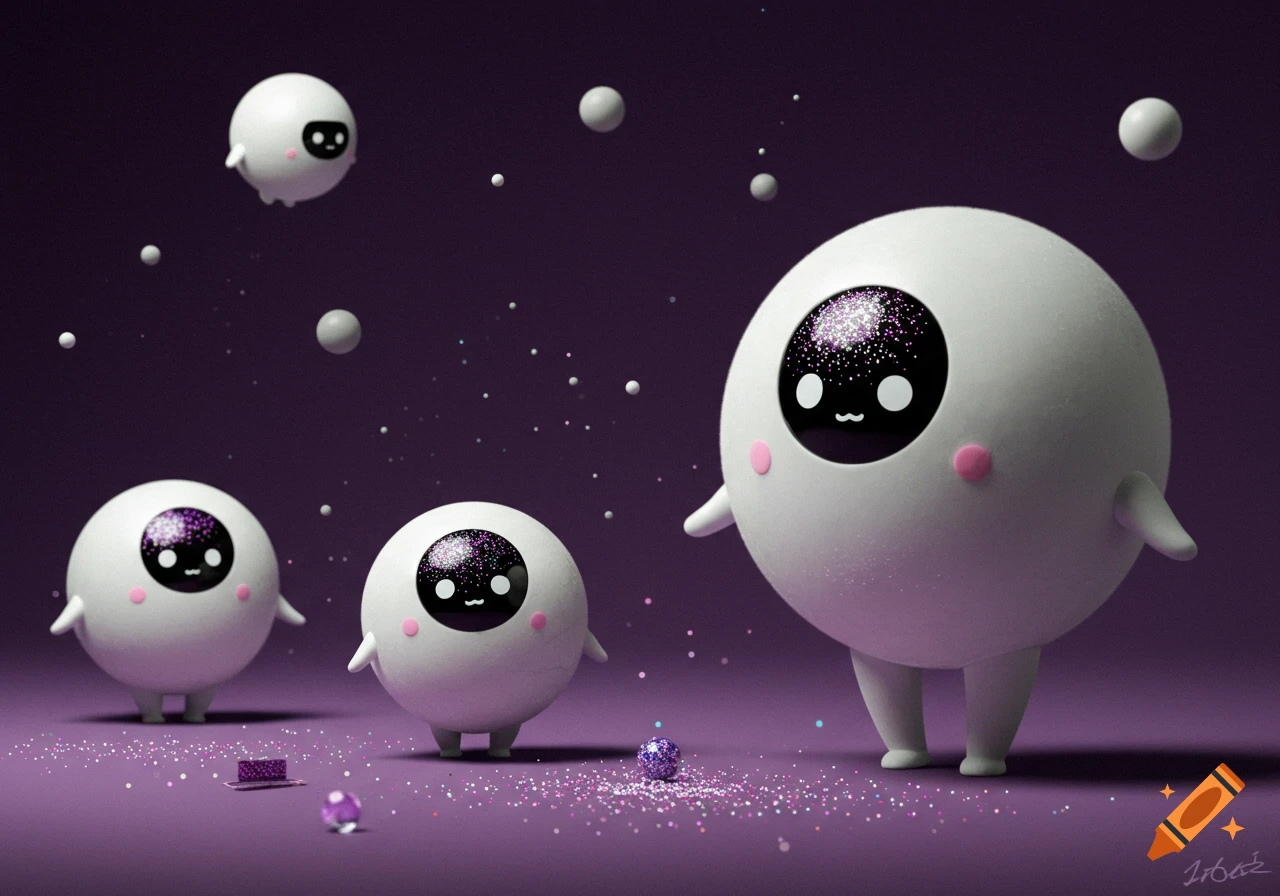 Several cute, round white characters with glittering purple eyes stand or float in a purple room with scattered glitter.