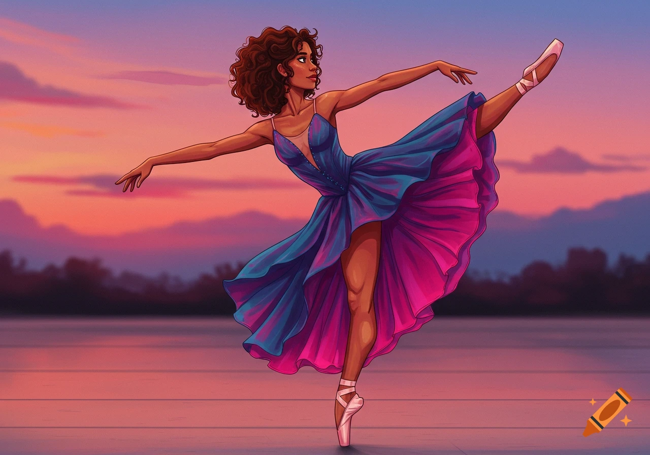 A ballerina dancing against a sunset.