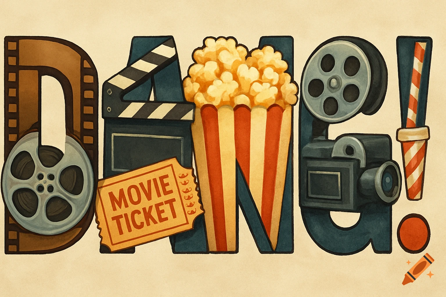 The word DANG! formed by film-themed objects in an illustration.