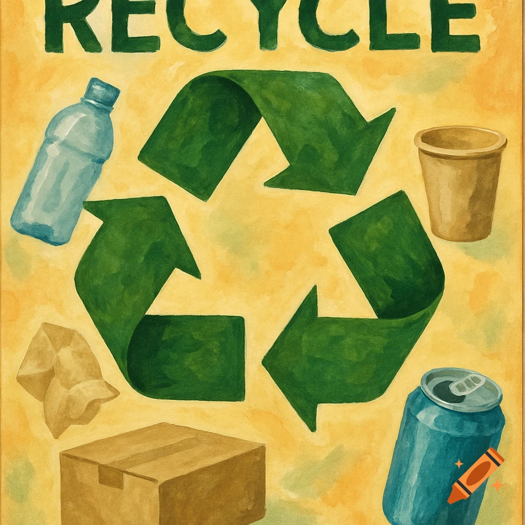 Recycling poster with the symbol, a bottle, can, box, cup, and paper, and the word RECYCLE at the top.