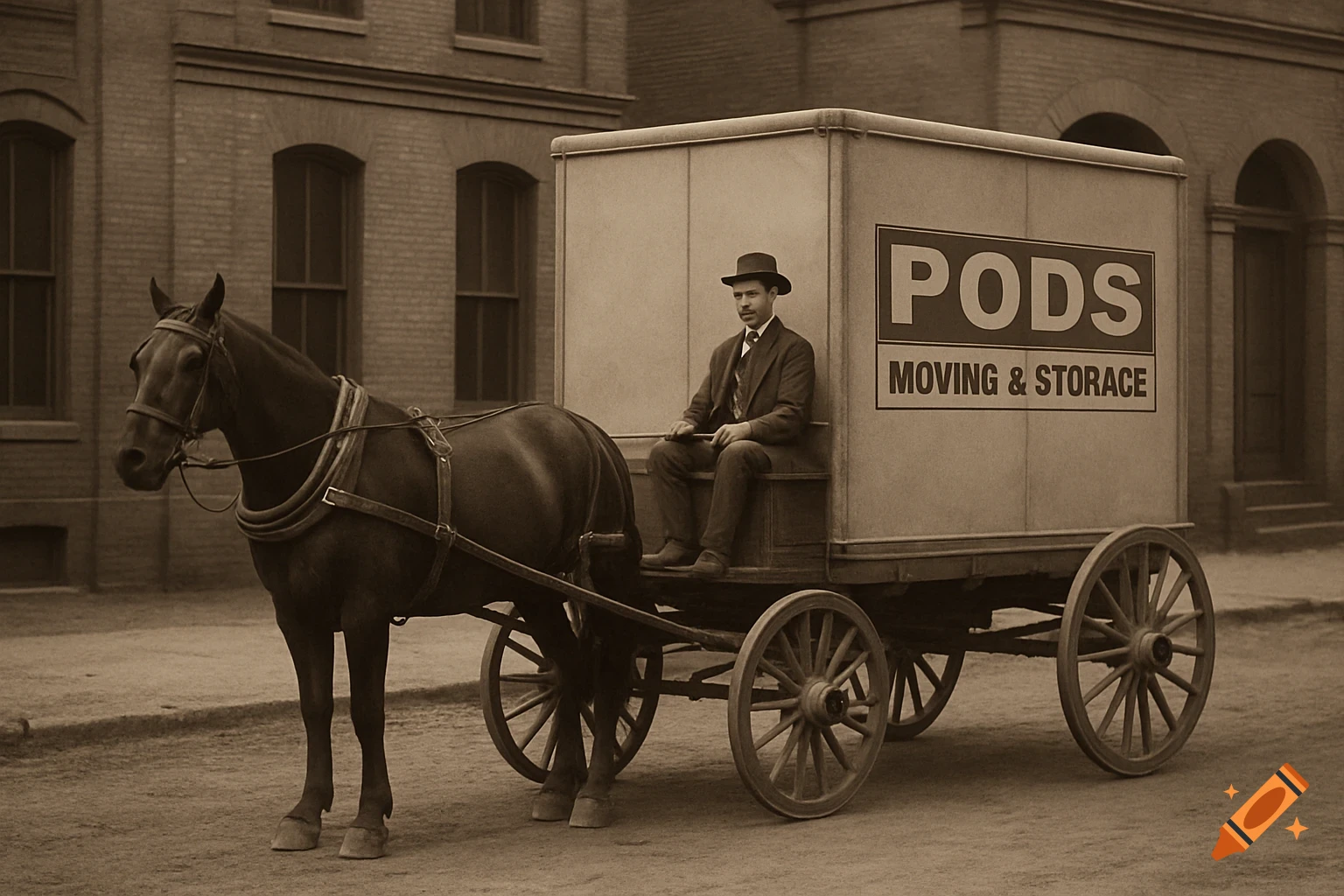Man in hat drives a horse-drawn cart with 'PODS MOVING & STORAGE' on the side, vintage photo style.