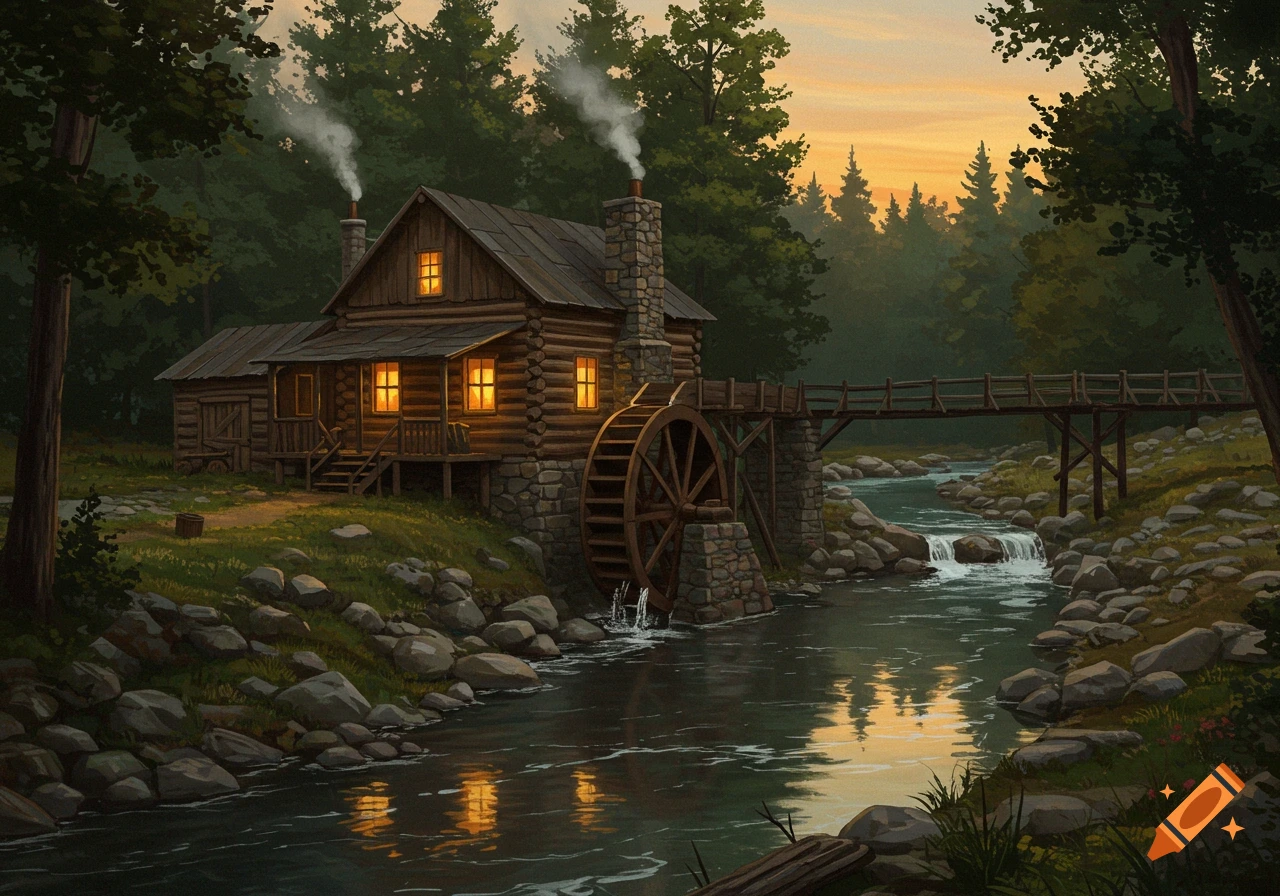 A log cabin with a water wheel stands by a river and bridge at sunset.