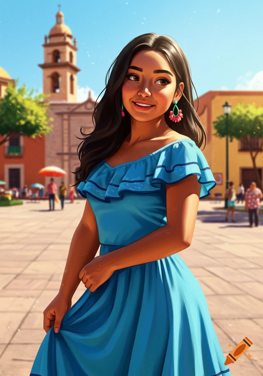 A Latina woman in a blue ruffled dress is standing in a sunny town square.