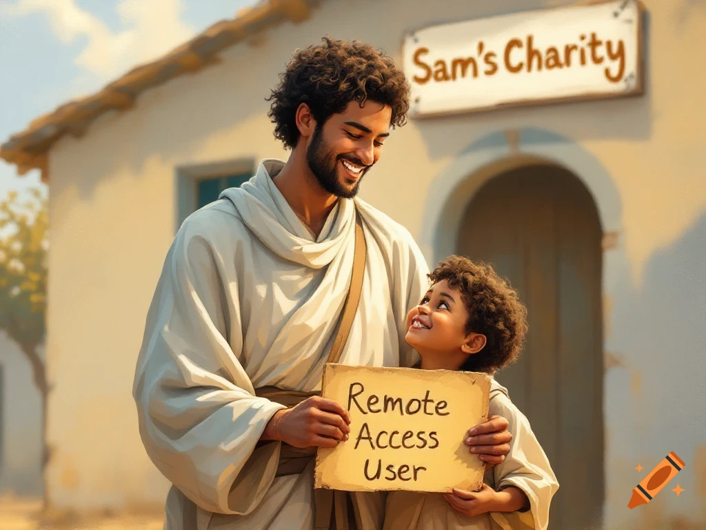 Painting of a man in robes smiling at a child holding a sign, in front of a building.