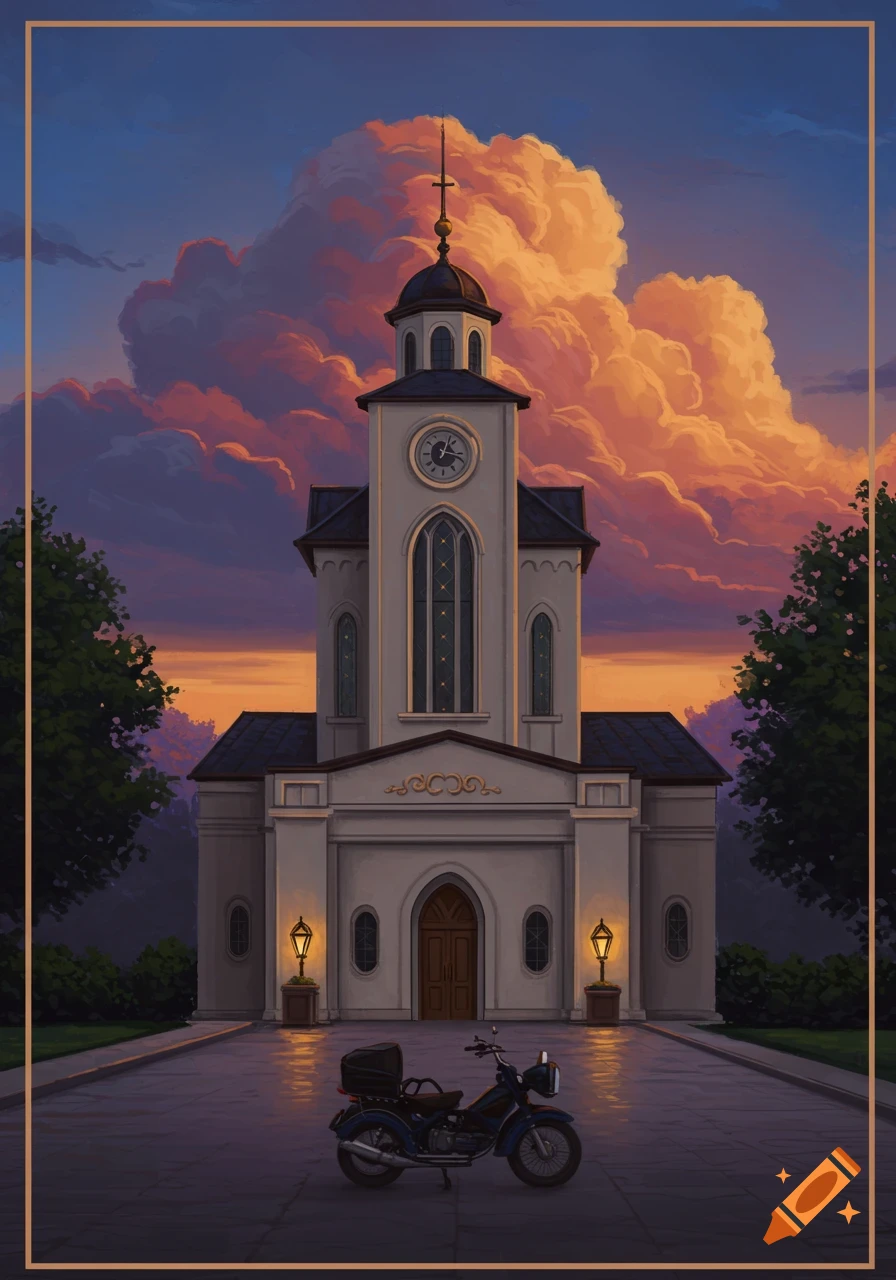 An illustration of a church-like building with a clock tower and a motorcycle parked on the path at sunset.
