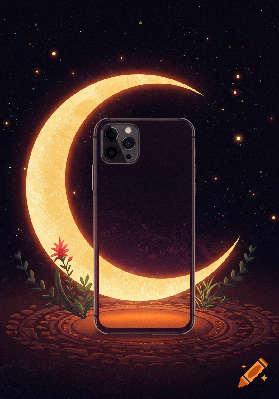 Dark phone in front of a glowing crescent moon and starry sky, with stylized plants and ground.