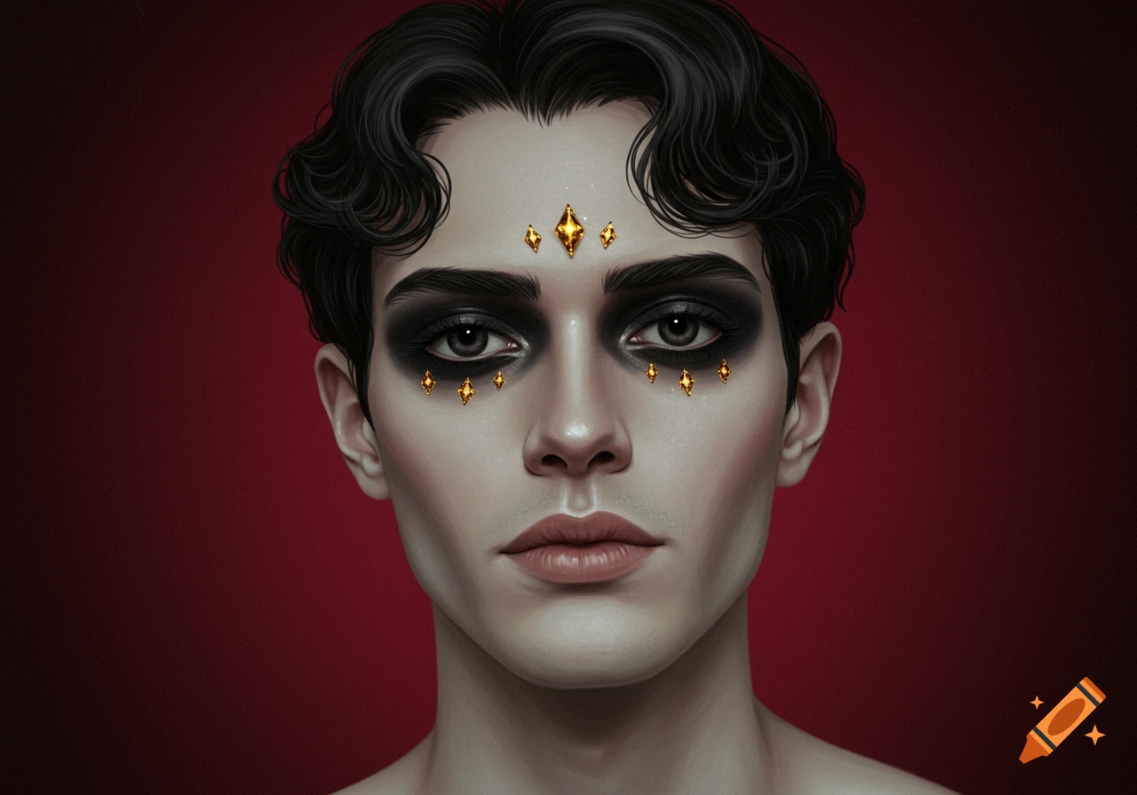 A pale man with black eye makeup and gold gems on his face.