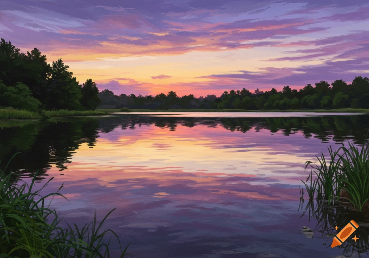 A lake at sunset, reflecting the colorful sky and trees.