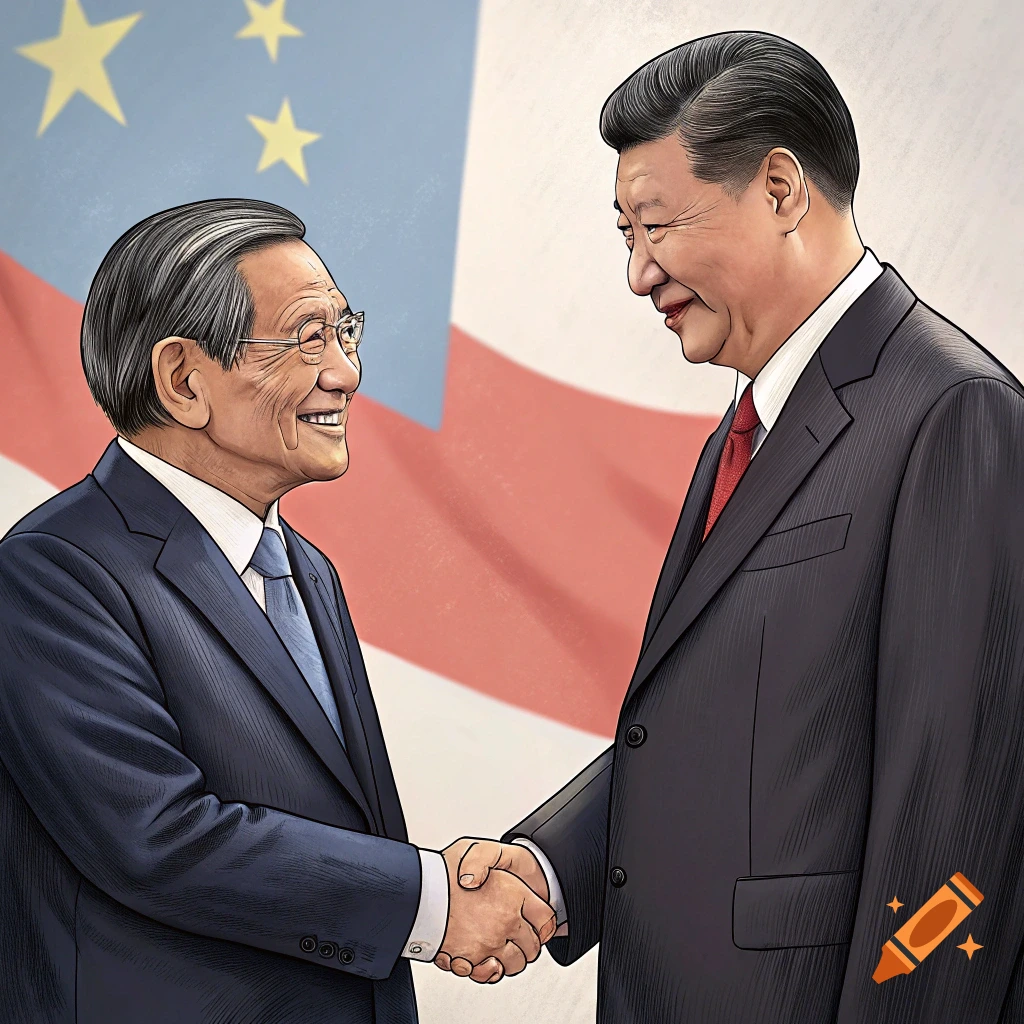 Two men in suits shaking hands in front of a flag with stars, illustration