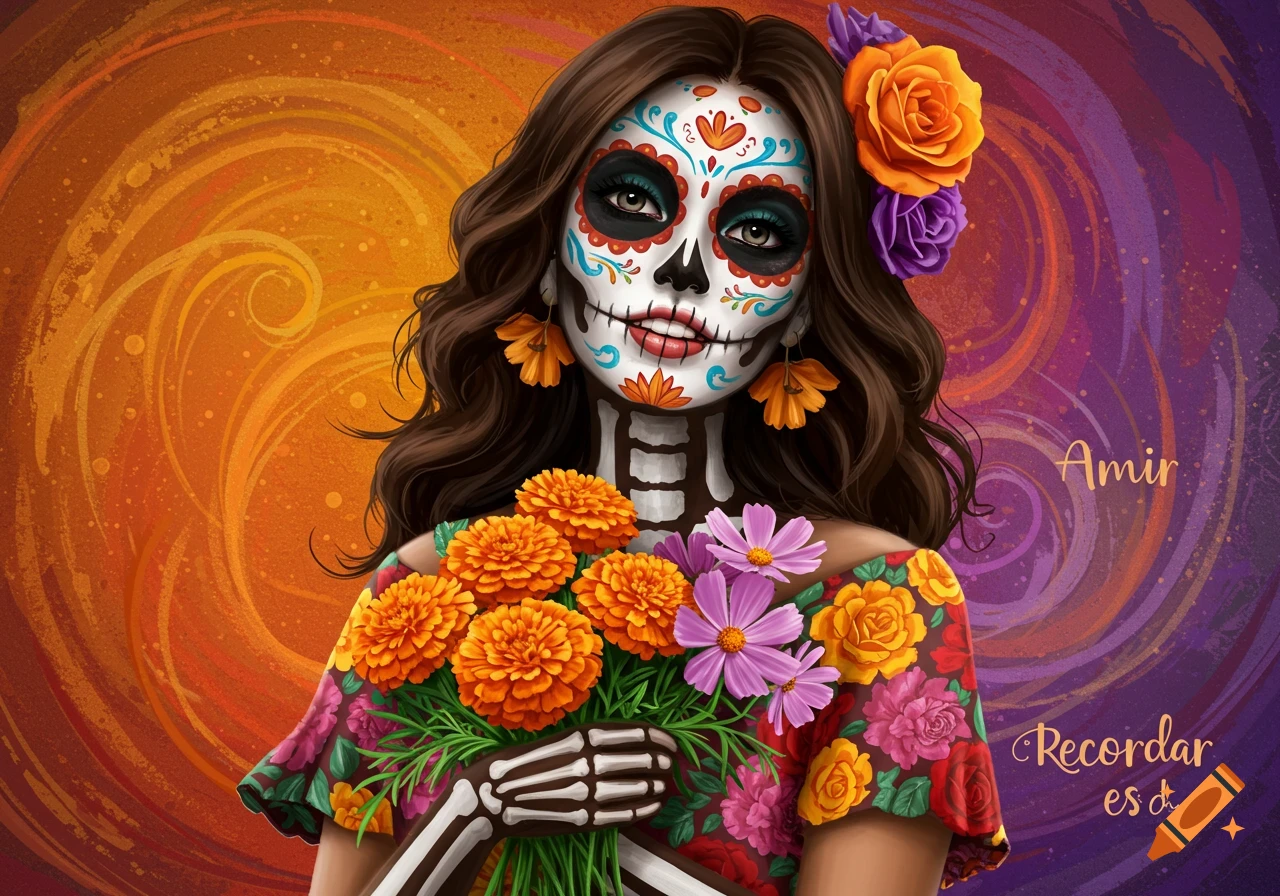 Illustrative portrait of woman with sugar skull makeup holding flowers.
