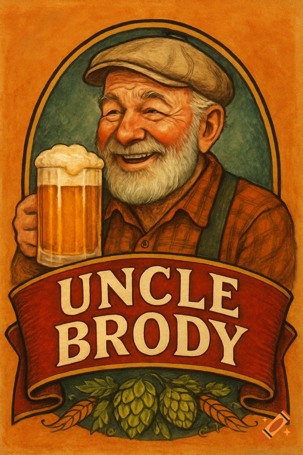 An old man holding a beer mug with a banner displaying "UNCLE BRODY", hops, and wheat.