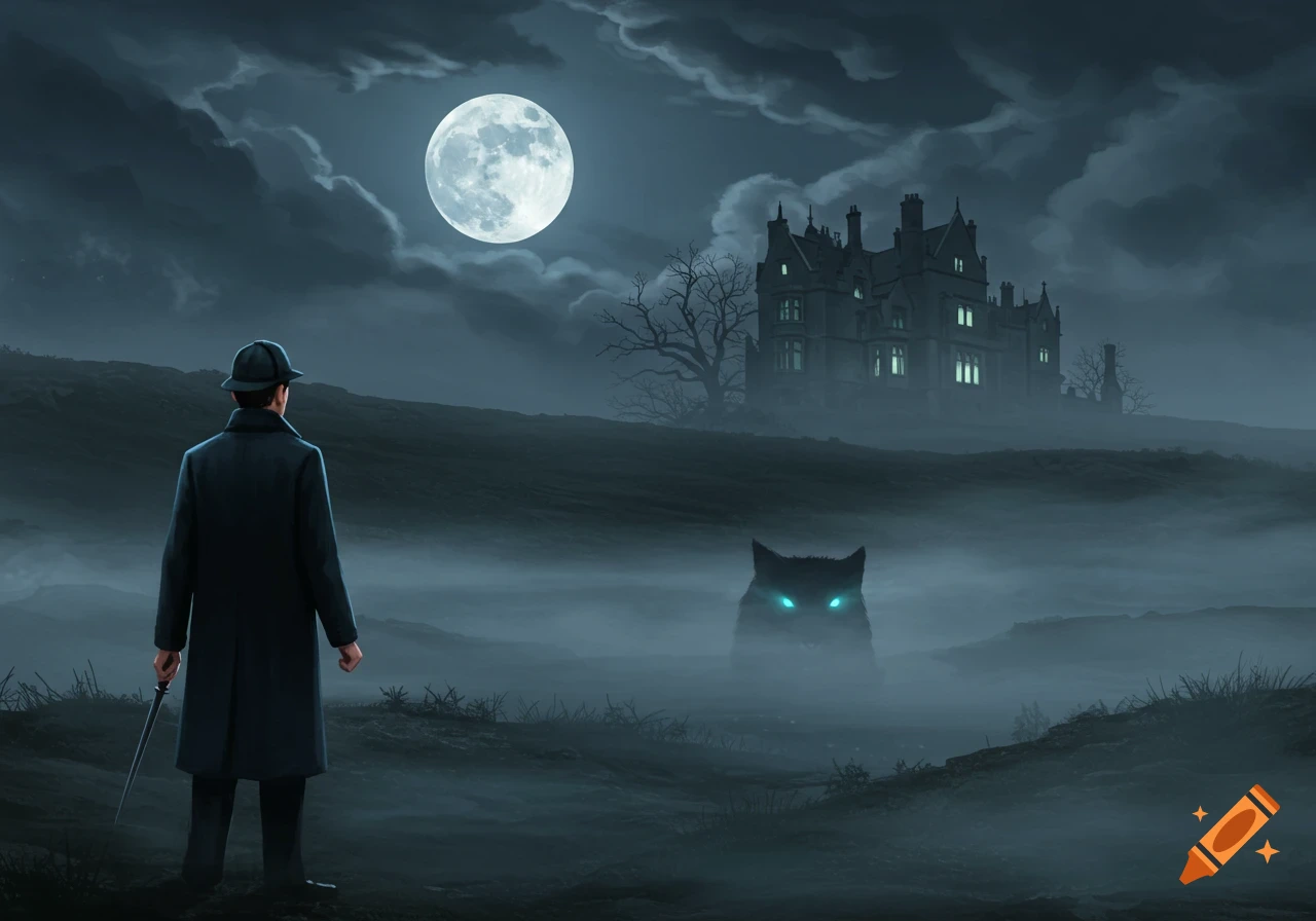 A man faces a large house on a hill under a full moon, with a glowing-eyed creature in the foggy foreground.