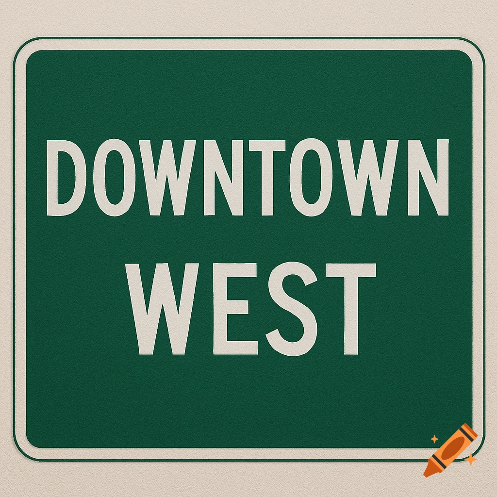 A green road sign with white text that says 'DOWNTOWN WEST'