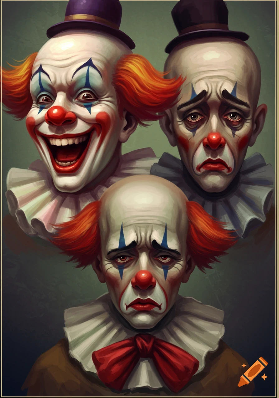 Three clown heads depicted in a painting style. One is happy and laughing, the other two are sad.