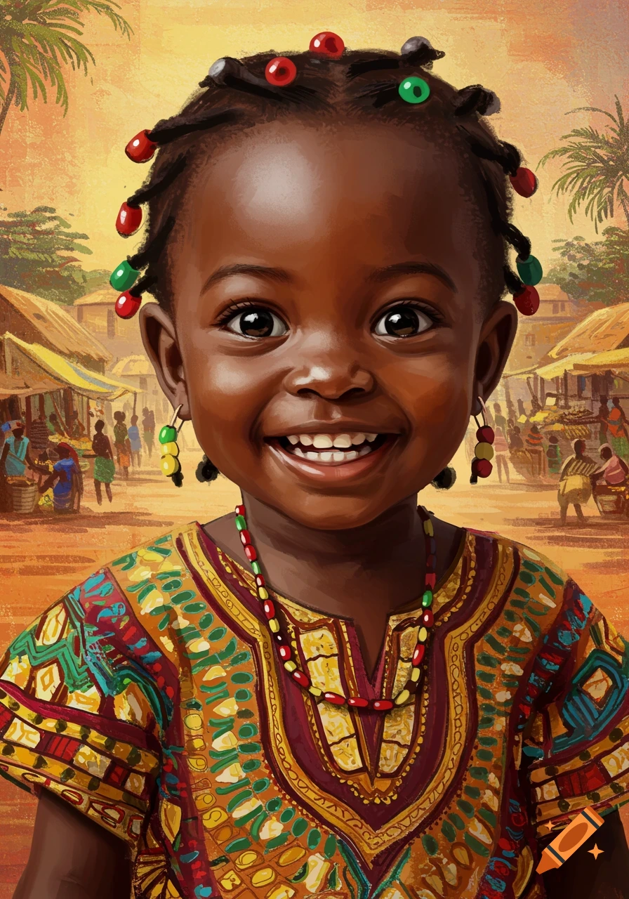 Close-up portrait of a smiling African child wearing a colorful shirt with beads in their hair, marketplace in background.