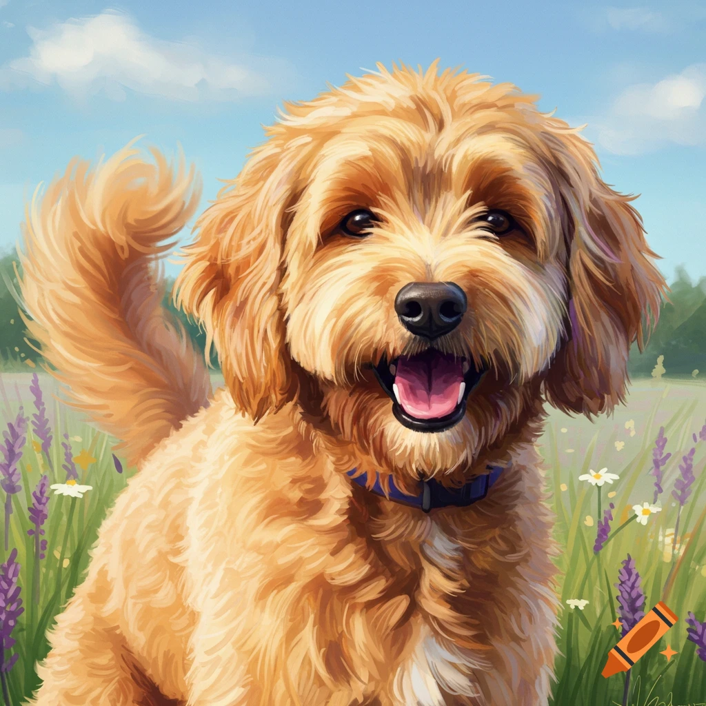 A smiling Goldendoodle dog in a field of lavender flowers.