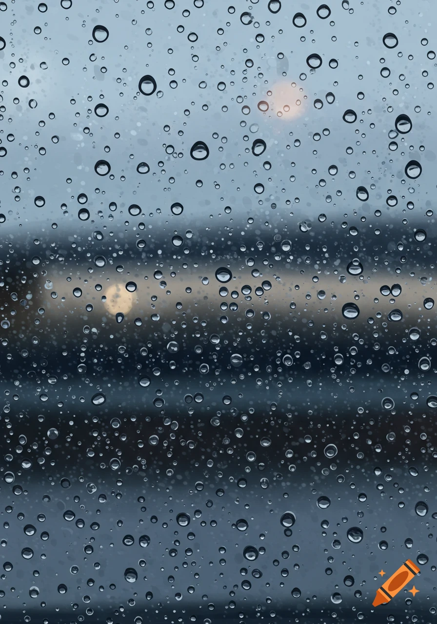 Close up view of rain drops on a window pane with blurry background lights.