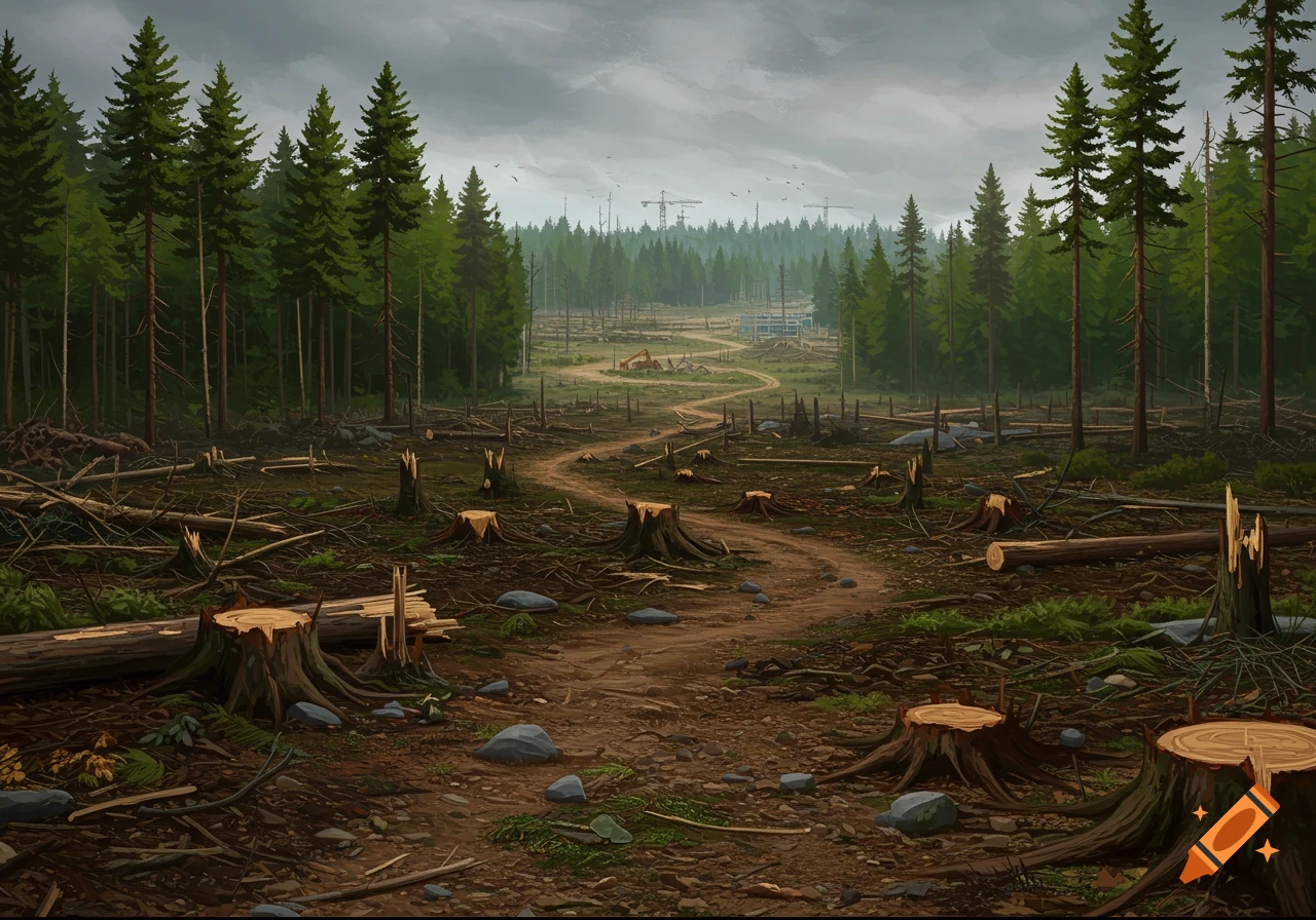 A dirt path winds through a deforested area filled with tree stumps and logs, with a forest under a cloudy sky in the distance.