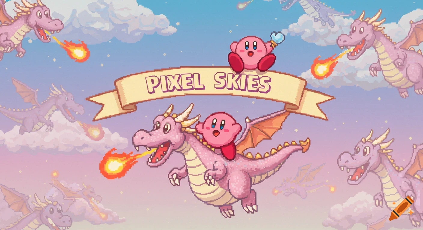 Pixel art illustration of Kirby riding a dragon in a sky filled with dragons, under a banner reading 'Pixel Skies'.