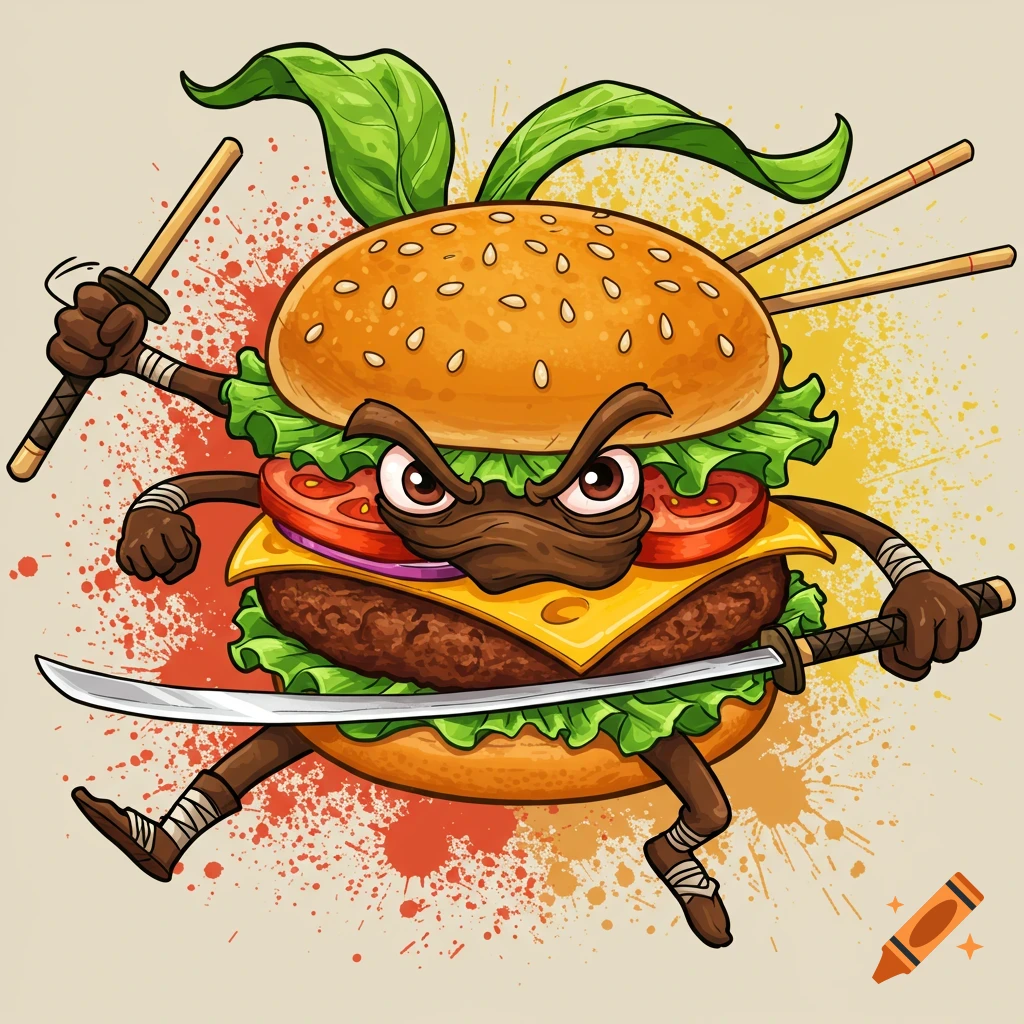 Cartoon ninja burger with an angry face, holding a katana and chopsticks, against a splatter background.