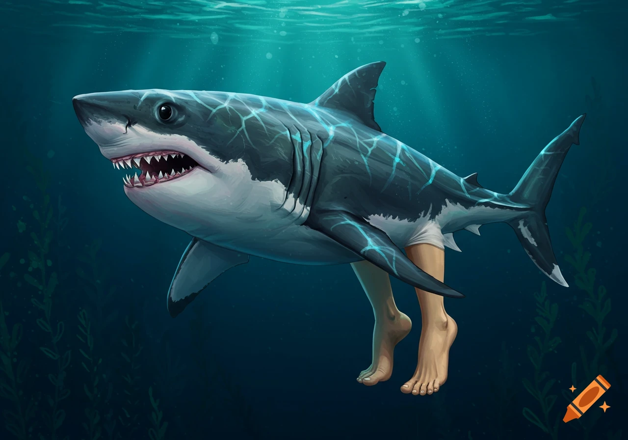 A shark swimming underwater has human legs and feet instead of a tail.