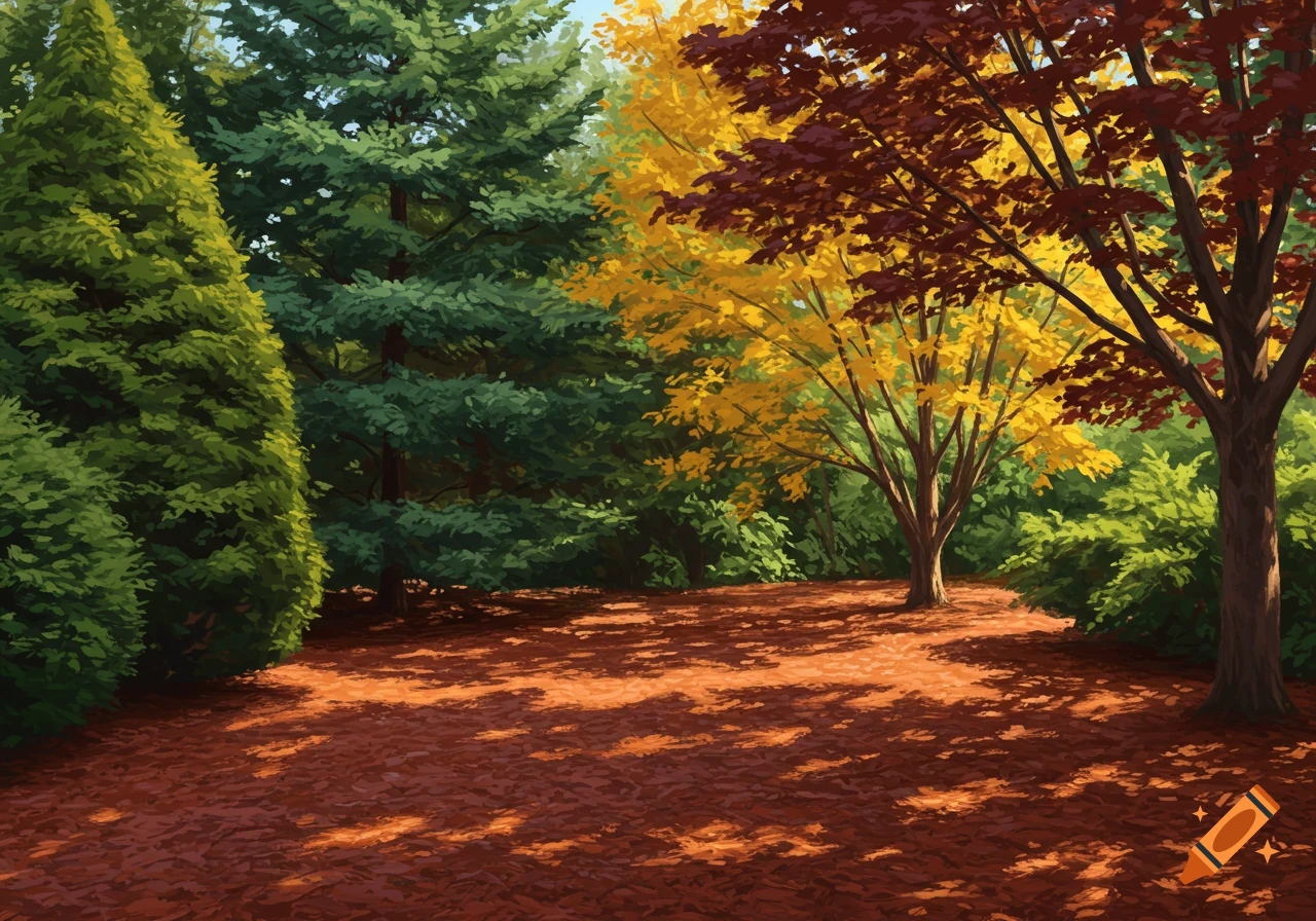 Painterly landscape of backyard trees with yellow and red leaves, casting shadows on a mulch ground.