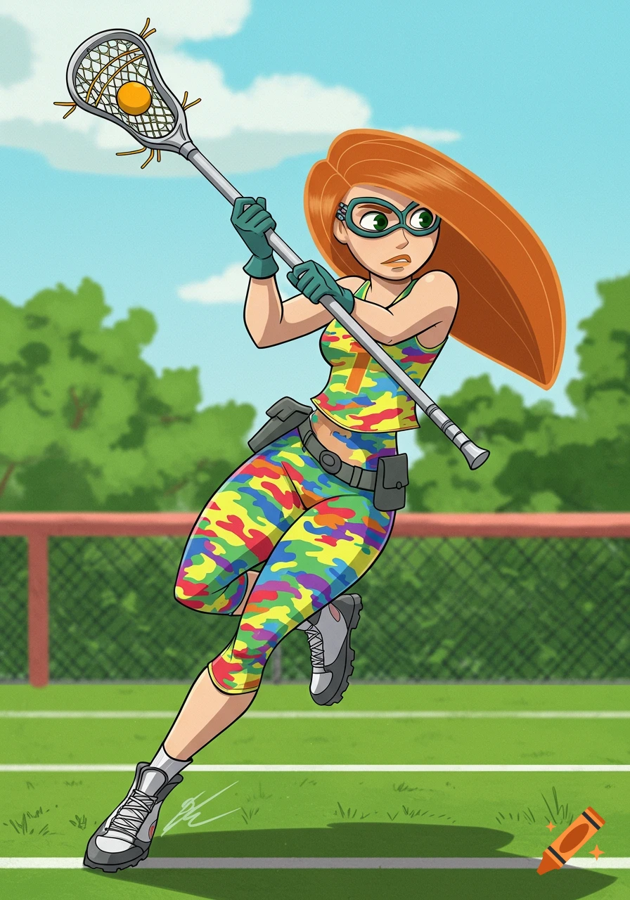 Cartoon Kim Possible in rainbow camo playing lacrosse on a field.