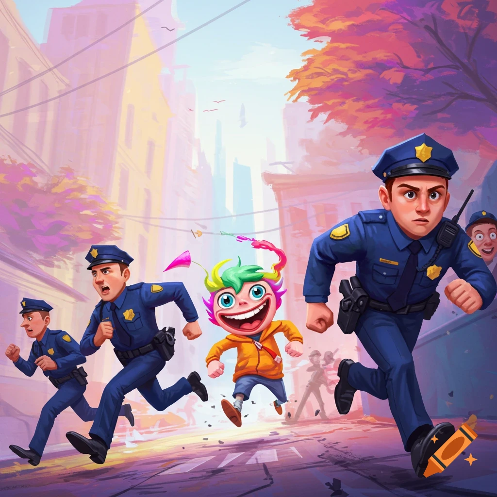 Three cartoon police officers chase a creature with colorful hair through a city street.