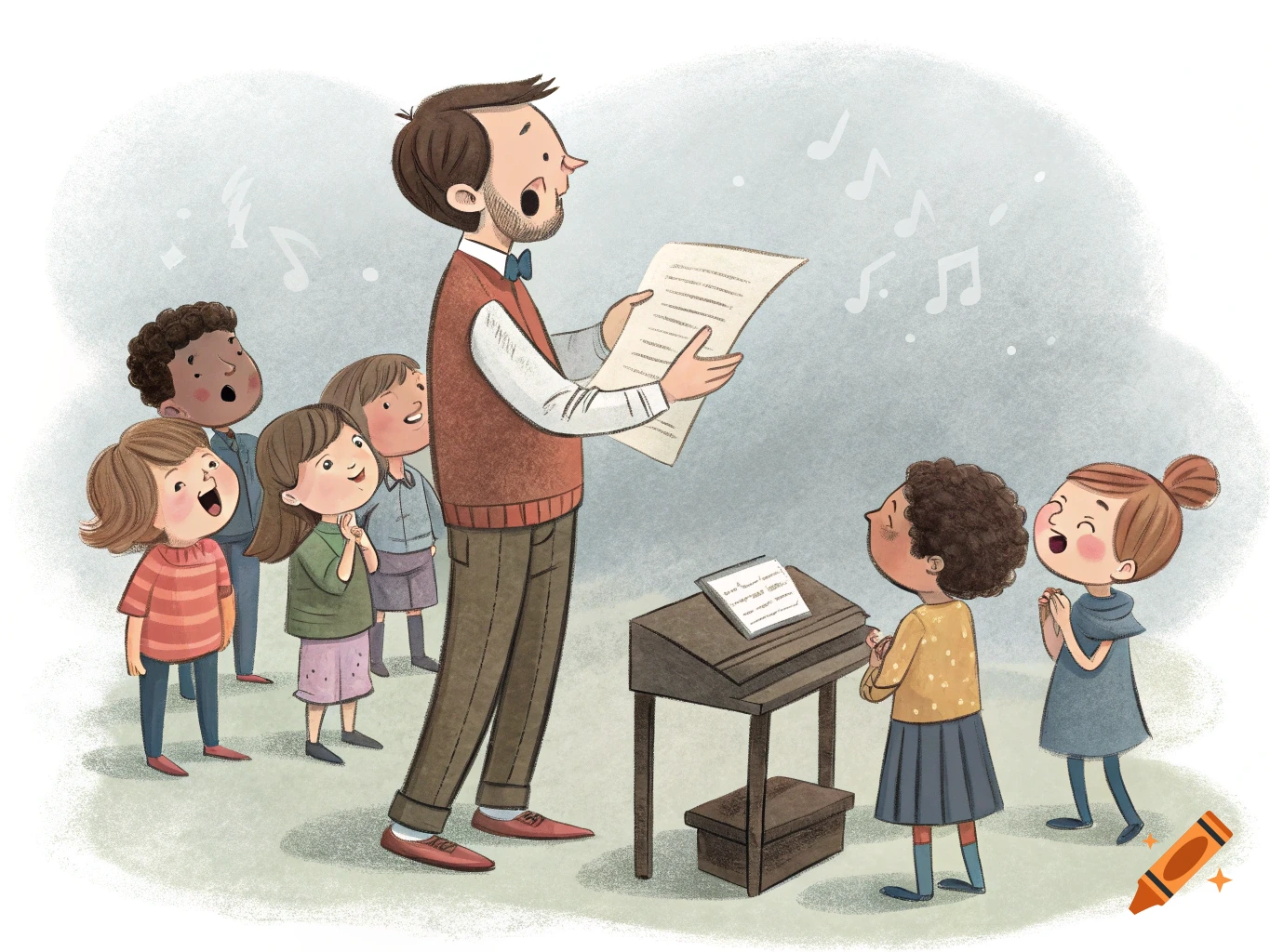 An illustration of a teacher singing with a group of children.