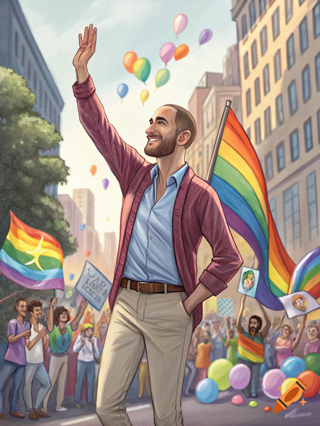 Illustration of a man waving in a crowd at a pride parade with rainbow flags and balloons.
