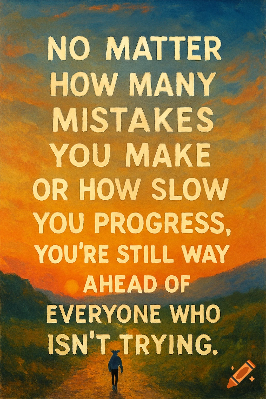 Motivational quote over a sunset landscape with a figure walking away