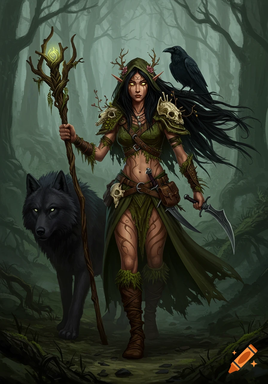 A wood elf druid with glowing eyes, tattoos, wolf, and raven stands in a dark forest holding a staff.