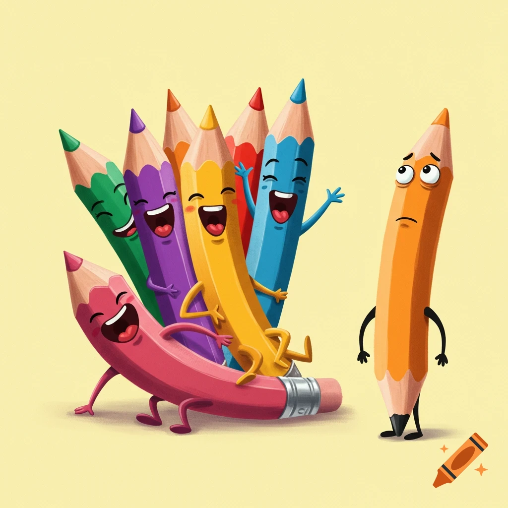 Cartoon illustration of happy colored pencils laughing at a sad orange pencil.