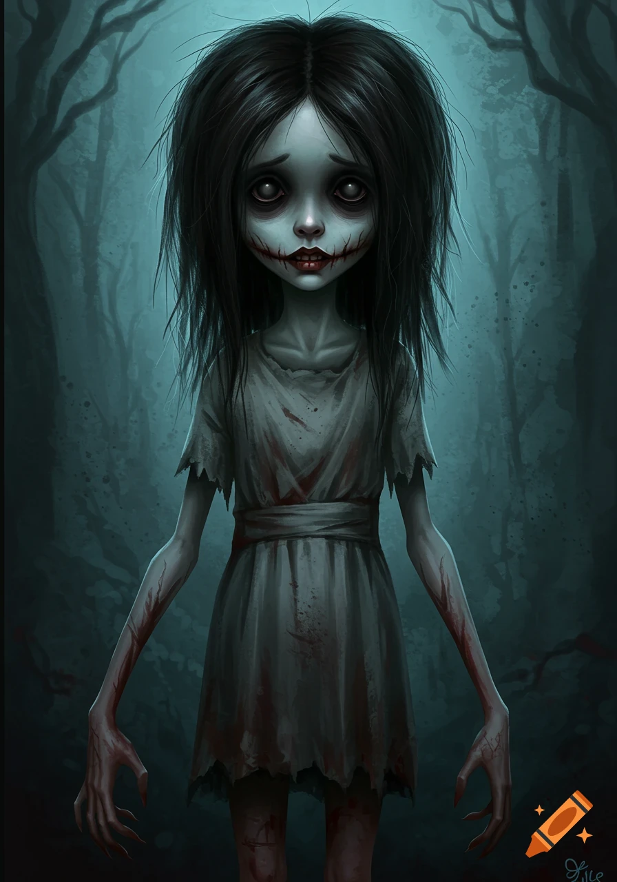 A creepy girl with stitched mouth and bloodstains stands in a dark forest, digital illustration.