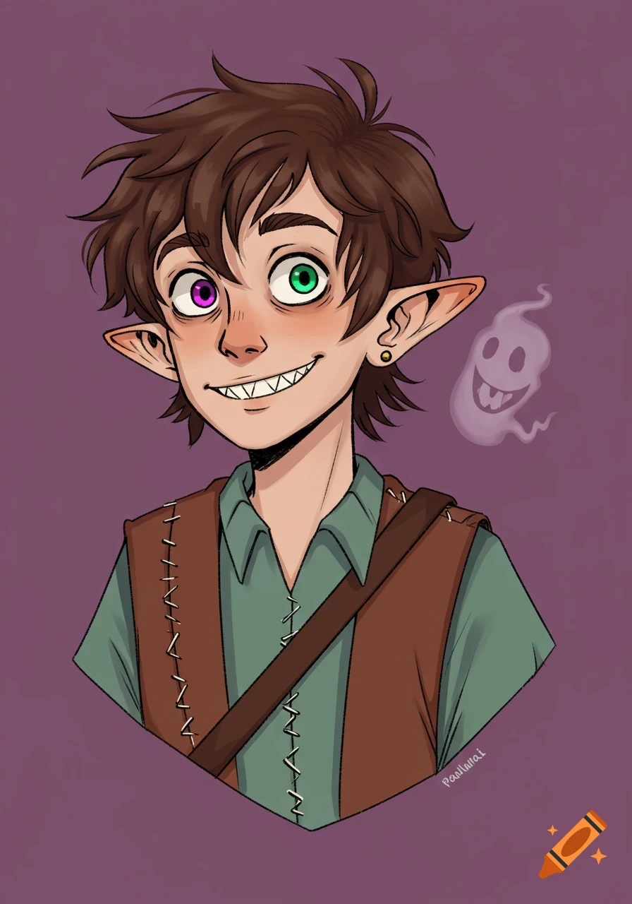 An anime-style portrait of a smiling person with messy brown hair, heterochromia (purple and green eyes), pointed ears, and sharp teeth, wearing a stitched vest, with a small ghost nearby.