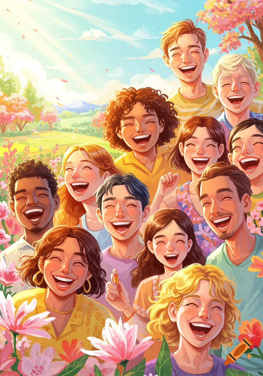 Diverse group of happy people laughing in a sunny field of flowers.