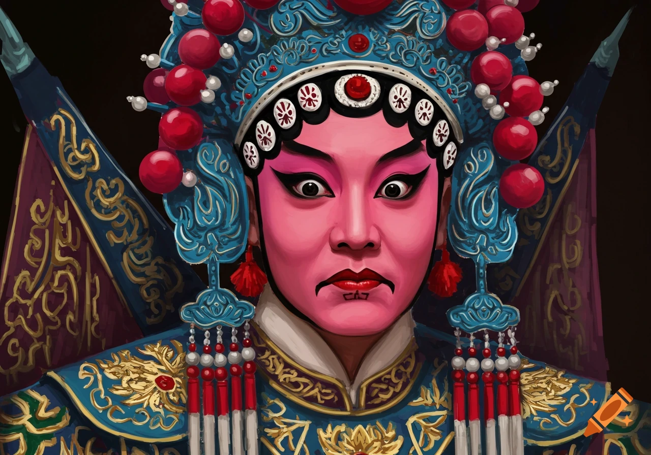 A Chinese opera performer in elaborate makeup and a blue and gold costume.