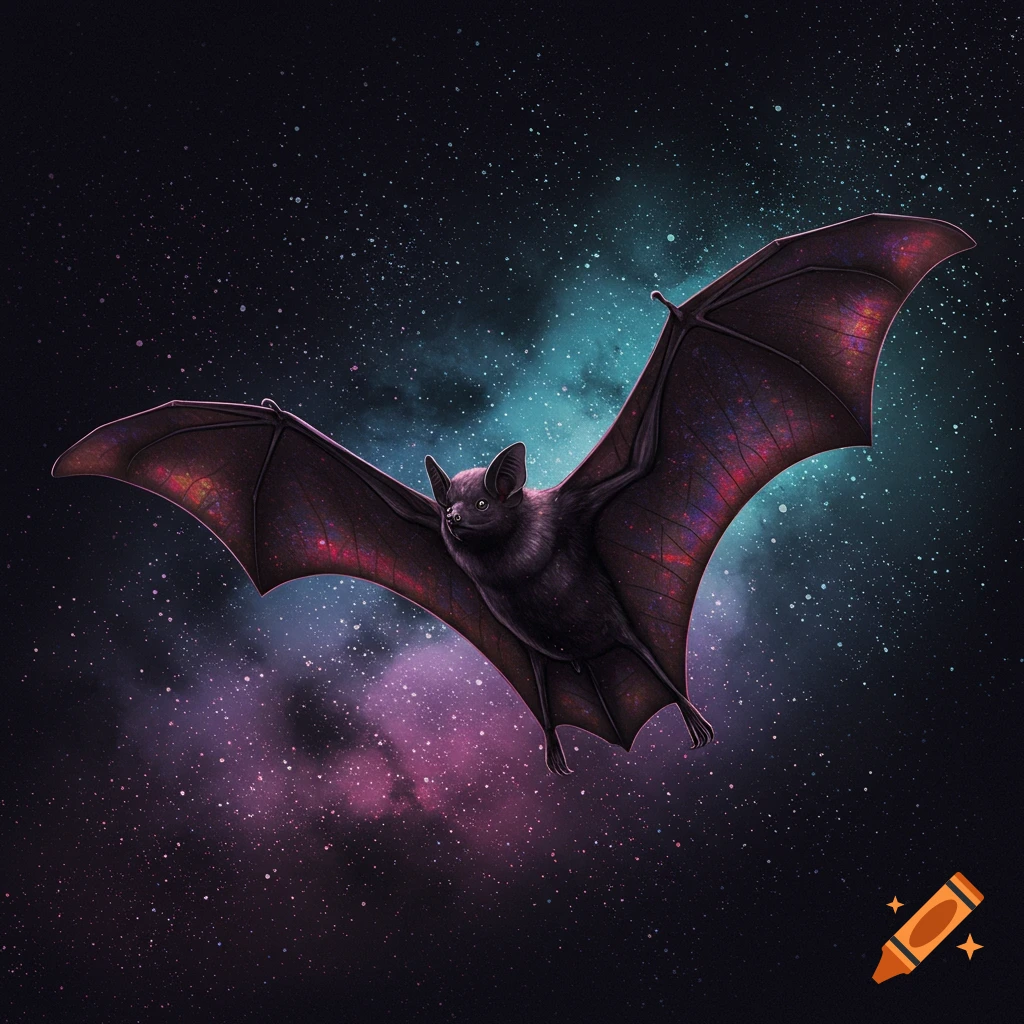 Digital painting of a bat flying in a starry space with nebulae.
