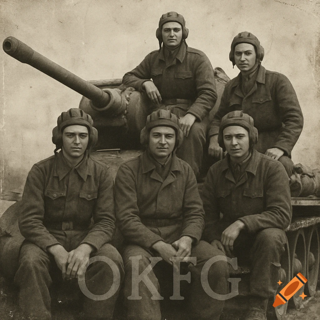 Vintage photo of five World War 2 tank crew members with a tank, overlaid with text.